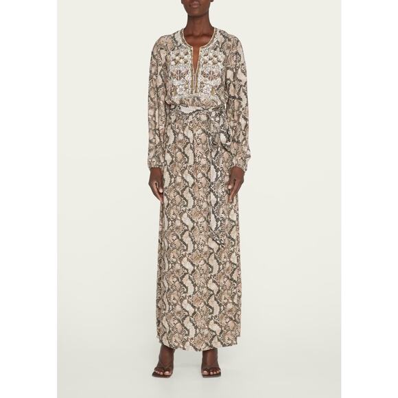 FIGUE Emani Snakeskin-Print Blouson Sleeve Dress Size XS - Picture 3 of 14